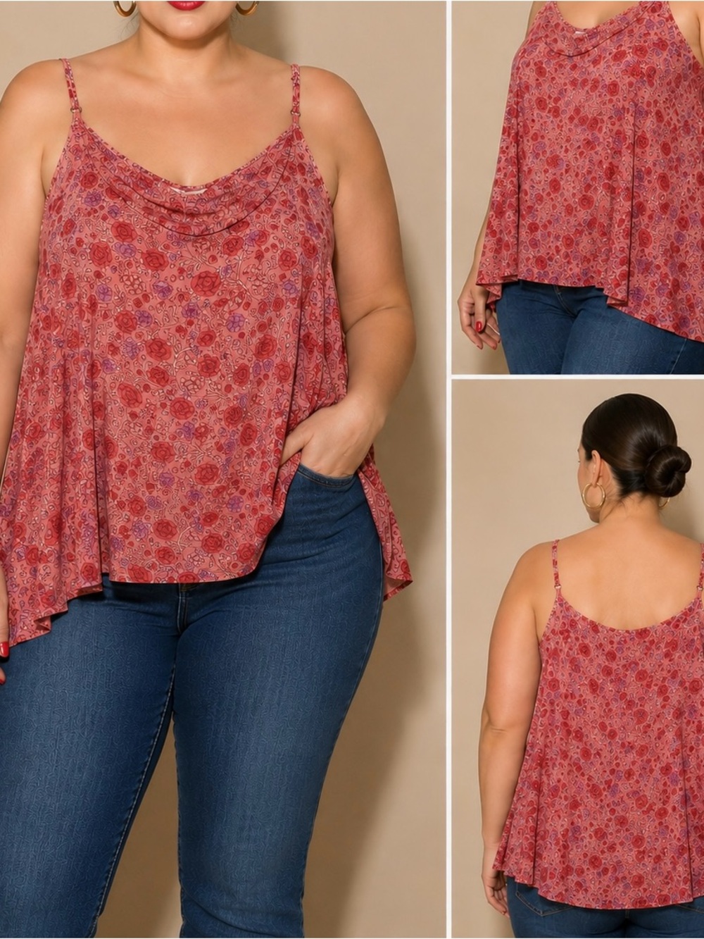 Lucky Brand Rose-Red Floral Cowl Neck Camisole